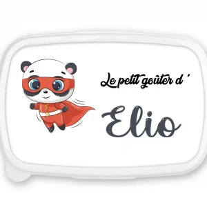 Boîte à goûter personnalisée prénom panda super-héros – Fond bleu – Lunch box garçon – Rentrée scolaire maternelle ou crèche
