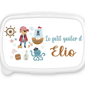 Boîte à goûter personnalisée prénom pirate – Fond bleu – Lunch box enfant garçon – Rentrée scolaire maternelle
