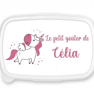 Boîte à goûter personnalisée prénom licorne rose – Fond rose – Lunch box fille – Rentrée scolaire maternelle ou crèche