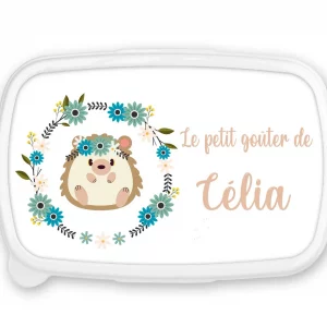 Boîte à goûter personnalisée prénom hérisson fleuri – Fond bleu ou rose – Lunch box enfant – Rentrée scolaire maternelle
