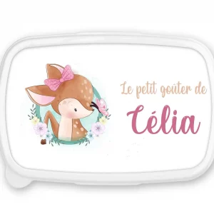 Boîte à goûter personnalisée prénom faon nœud rose – Fond rose – Lunch box fille – Rentrée scolaire maternelle