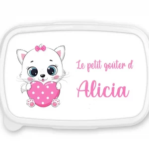 Boîte à goûter personnalisée – Motif Chat Blanc Cœur Rose – Fond rose – Rentrée scolaire – Prénom personnalisable