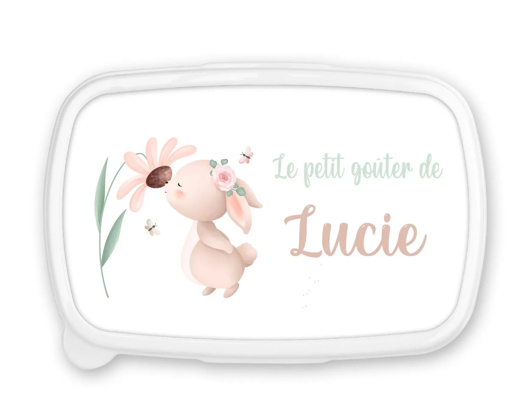 Boîte à goûter personnalisée – Motif Lapin – Prénom enfant – Fond rose – 18,5 x 12,7 x 6 cm