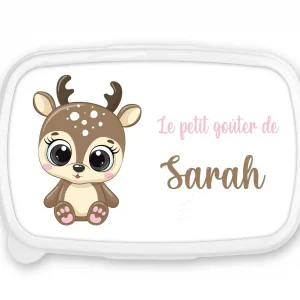Boîte à goûter personnalisée prénom faon – Fond rose – Lunch box fille maternelle – Rentrée scolaire crèche
