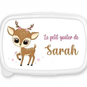 Boîte à goûter personnalisée prénom faon fleuri – Fond rose – Lunch box fille – Rentrée scolaire maternelle