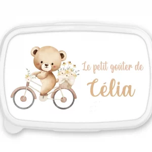 Boîte à goûter personnalisée prénom ours à vélo – Fond bleu ou rose – Lunch box enfant – Rentrée scolaire maternelle