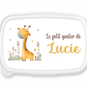 Boîte à goûter personnalisée – Motif Girafe – Fond bleu ou rose – Prénom personnalisable – Rentrée scolaire