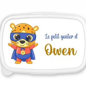 Boîte à goûter personnalisée prénom super-héros fond bleu – Lunch box enfant garçon – Léopard héros – Rentrée scolaire maternelle