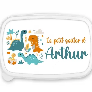 Boîte à goûter personnalisée prénom dinosaures – Fond bleu – Lunch box garçon – Rentrée scolaire maternelle crèche