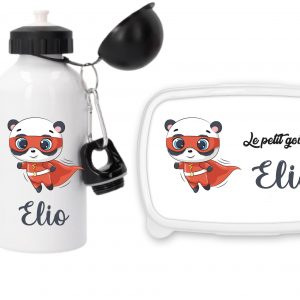 Coffret goûter personnalisé panda super-héros – Gourde sport et boîte à goûter – Prénom au choix – Cadeau école ou crèche