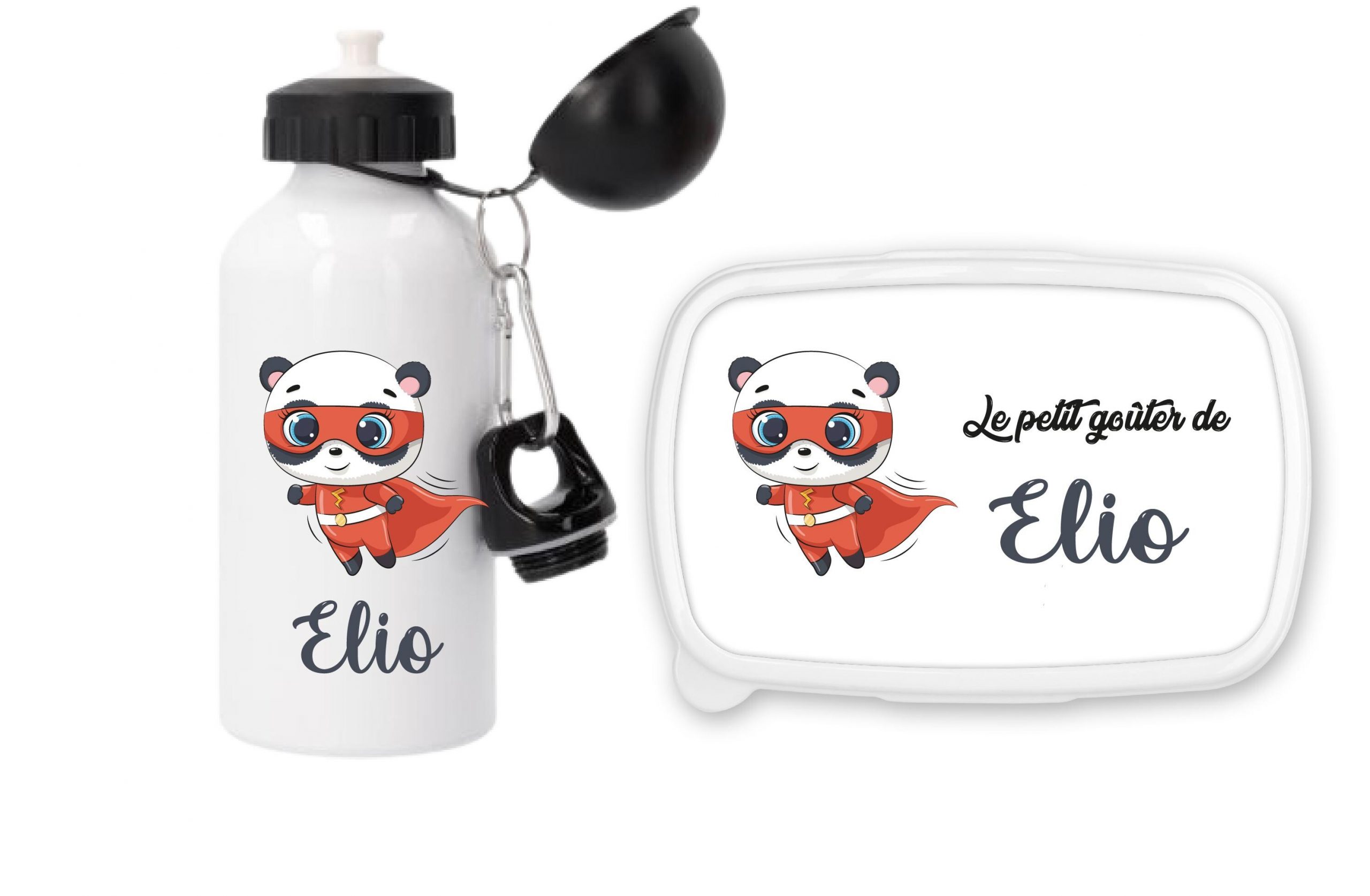 Coffret goûter personnalisé panda super-héros – Gourde sport et boîte à goûter – Prénom au choix – Cadeau école ou crèche