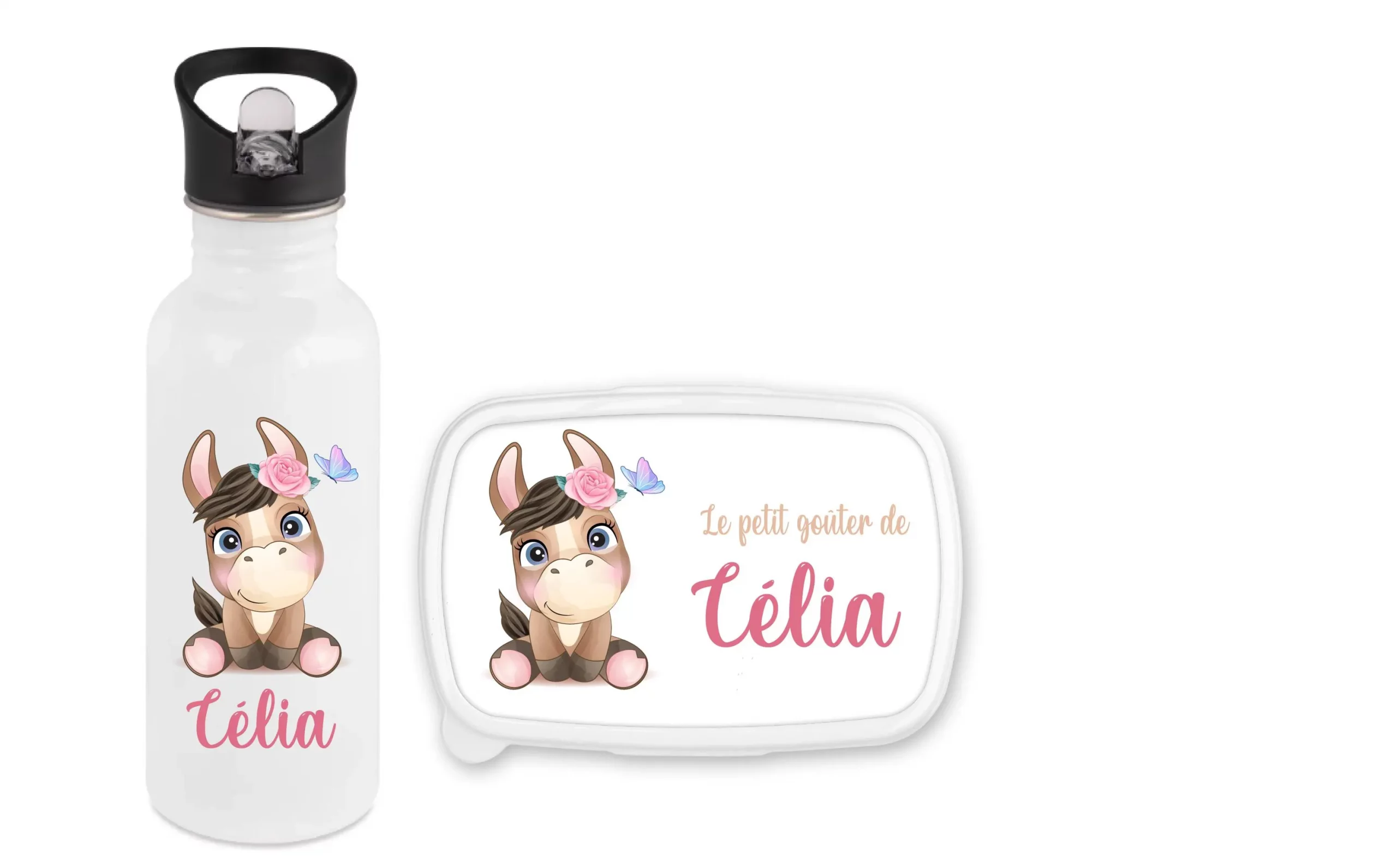 Set boîte à goûter + gourde personnalisés – Motif ânesse fleurie – Prénom au choix – Bébé Panda