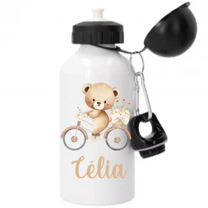 Gourde sport 500 ml personnalisée Ours à vélo – Prénom enfant – Cadeau école et sport