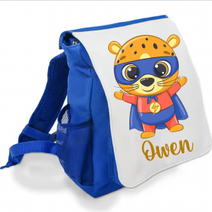 Sac à dos bleu maternelle personnalisé prénom - Tigre super-héros - Rabat imprimé amovible - Sac crèche garçon