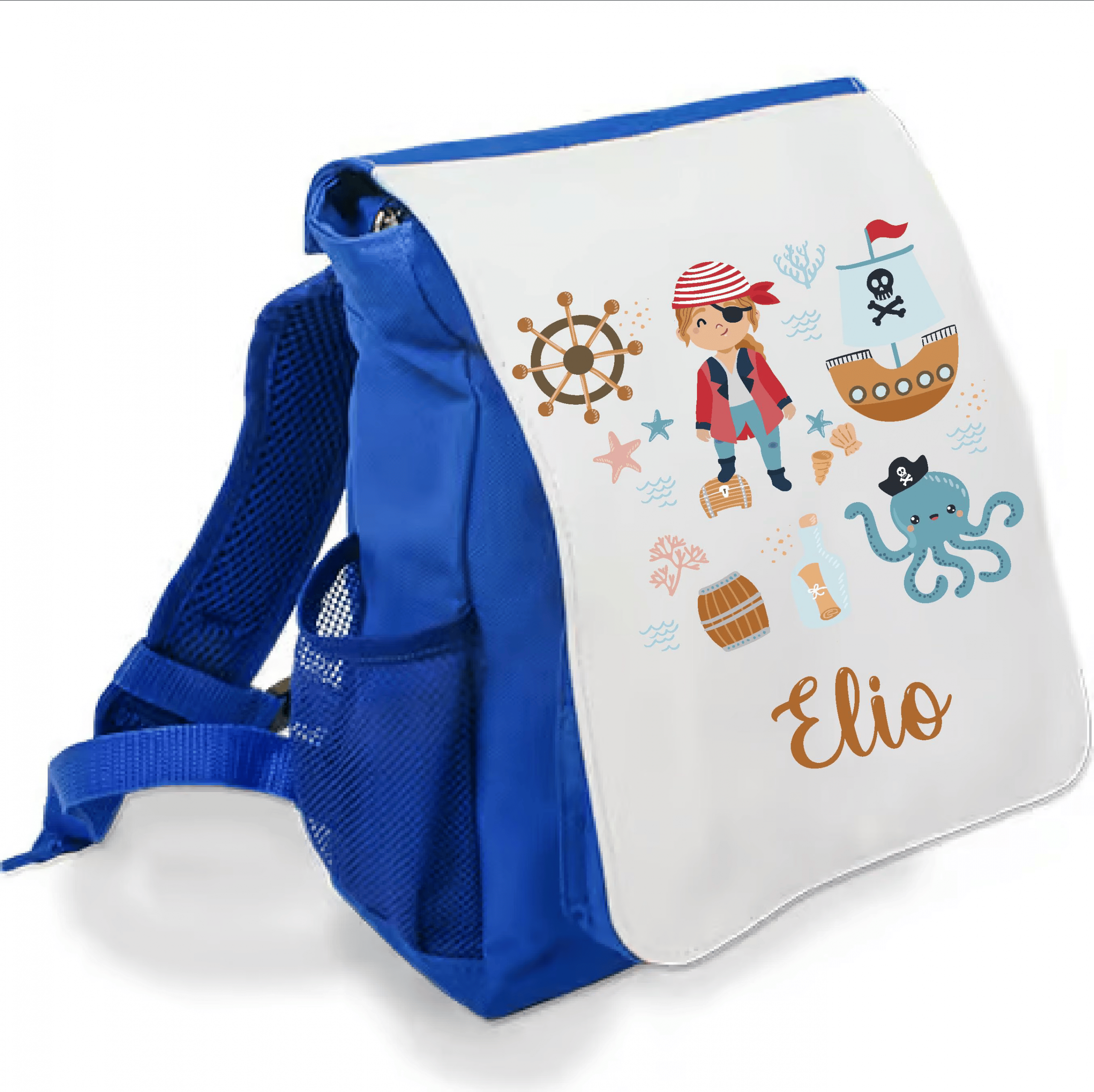 Sac à dos bleu avec prénom personnalisé et décor pirate : bateau, trésor, poulpe et petit pirate. Idéal pour la maternelle ou la crèche. – Image 2