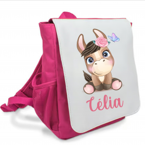 Sac à dos rose maternelle personnalisé prénom - Ânesse fleurie et papillon - Rabat imprimé amovible - Sac crèche fille