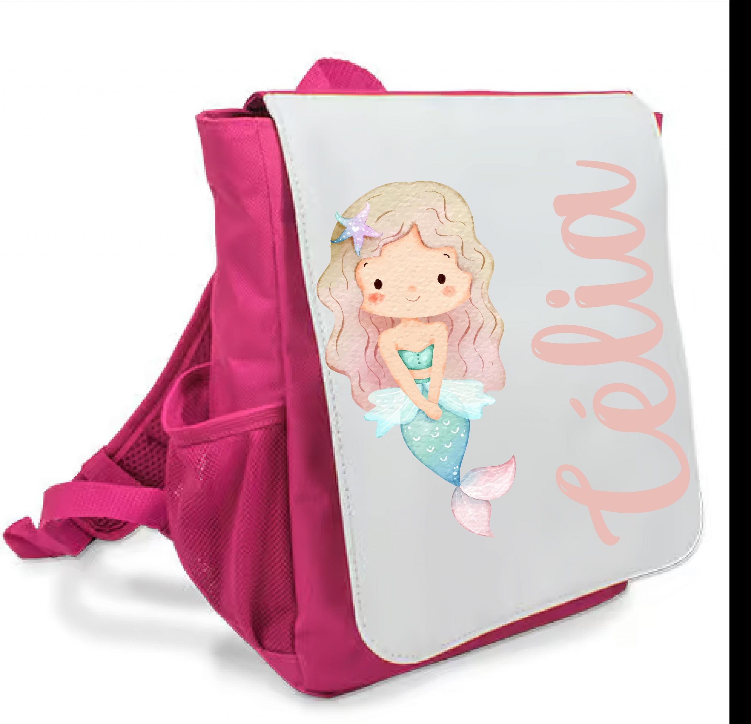 Sac à dos rose maternelle personnalisé prénom - Sirène pastel - Rabat imprimé amovible - Sac crèche fille féérique