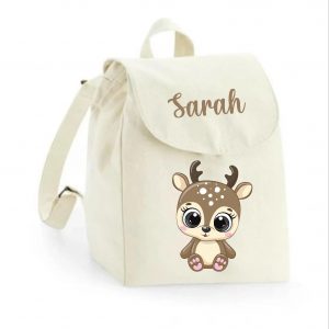 Sac à dos maternelle personnalisé prénom - Faon mignon assis - Sac crèche 100% coton bio - Rentrée enfant fille - Cadeau personnalisé