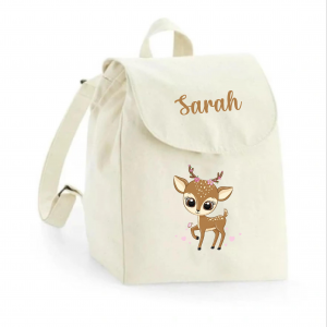 Sac à dos maternelle personnalisé prénom - Faon fleuri - Sac crèche 100% coton bio - Rentrée enfant fille - Cadeau personnalisé