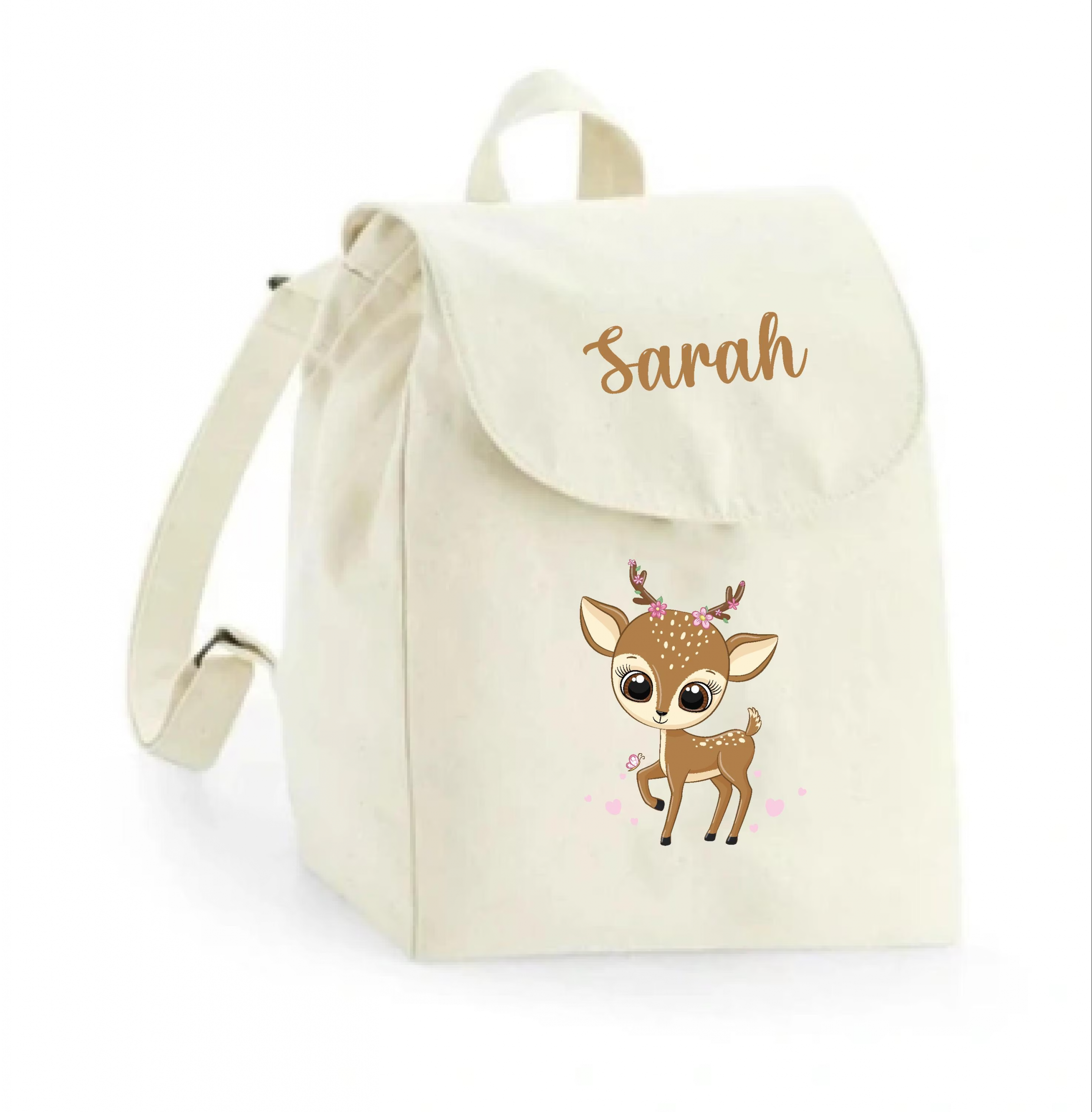 Sac à dos maternelle personnalisé prénom - Faon fleuri - Sac crèche 100% coton bio - Rentrée enfant fille - Cadeau personnalisé