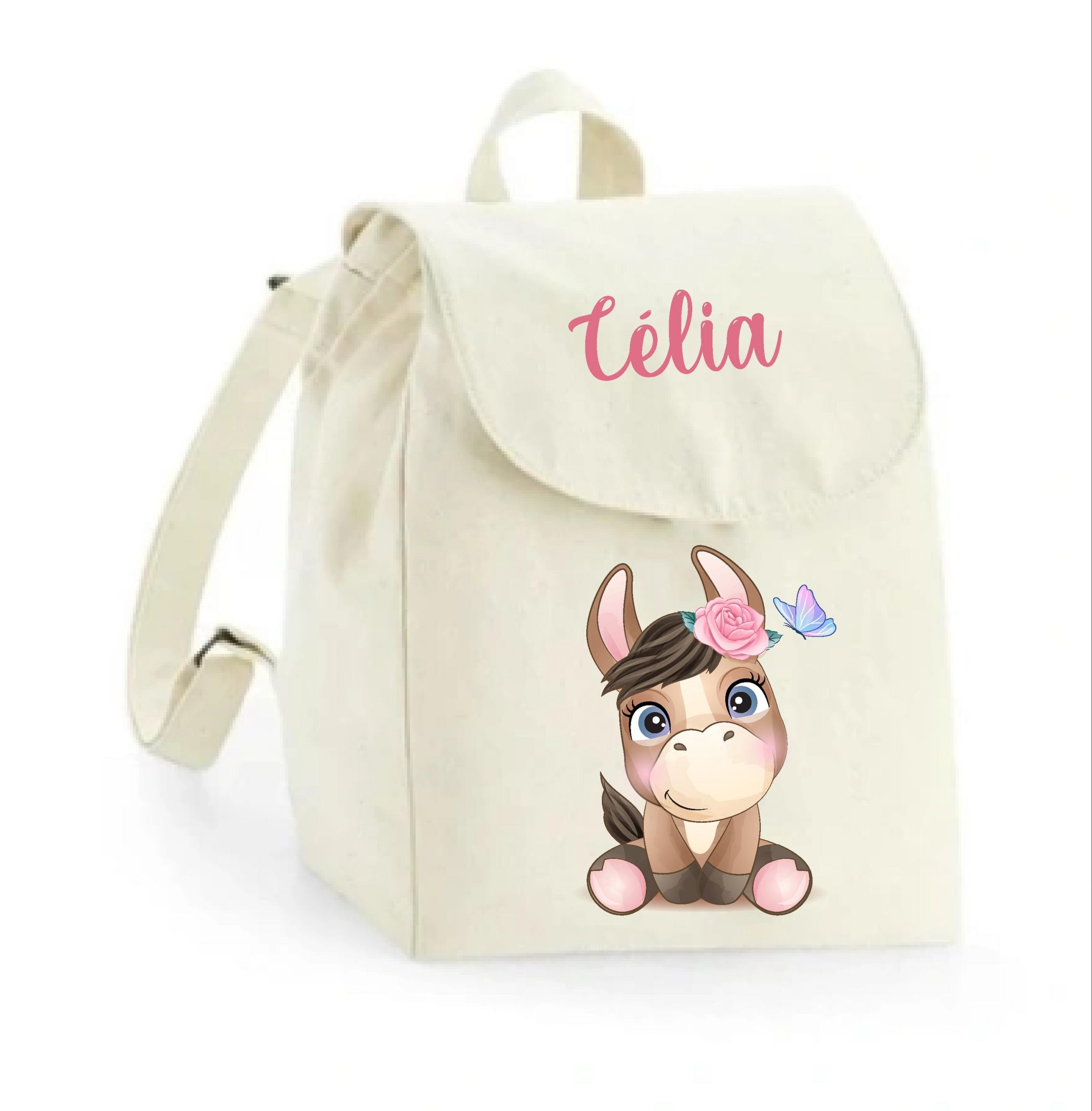 Sac à dos maternelle personnalisé prénom - Ânesse fleurie - Sac crèche 100% coton bio - Rentrée enfant fille - Cadeau personnalisé