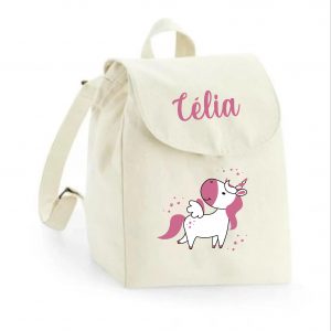 Sac à dos maternelle personnalisé prénom - Licorne rose magique - Sac crèche 100% coton bio - Rentrée enfant fille - Cadeau personnalisé