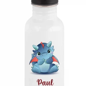 Gourde Paille 600 ml Personnalisable avec Motif Dragon Bleu et Rouge – Parfaite pour la Rentrée Scolaire