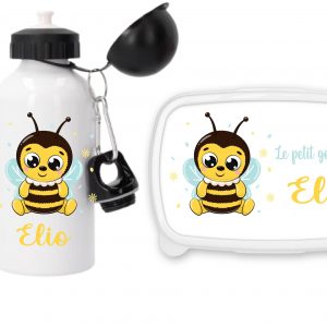 Set gourde sport 500 ml + boîte à goûter personnalisés motif abeille – Prénom enfant – Rentrée scolaire