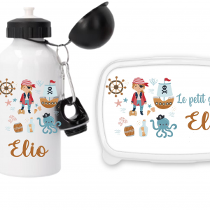 Set gourde sport 500 ml + boîte à goûter personnalisés pirate – Prénom enfant – Préparez la rentrée scolaire