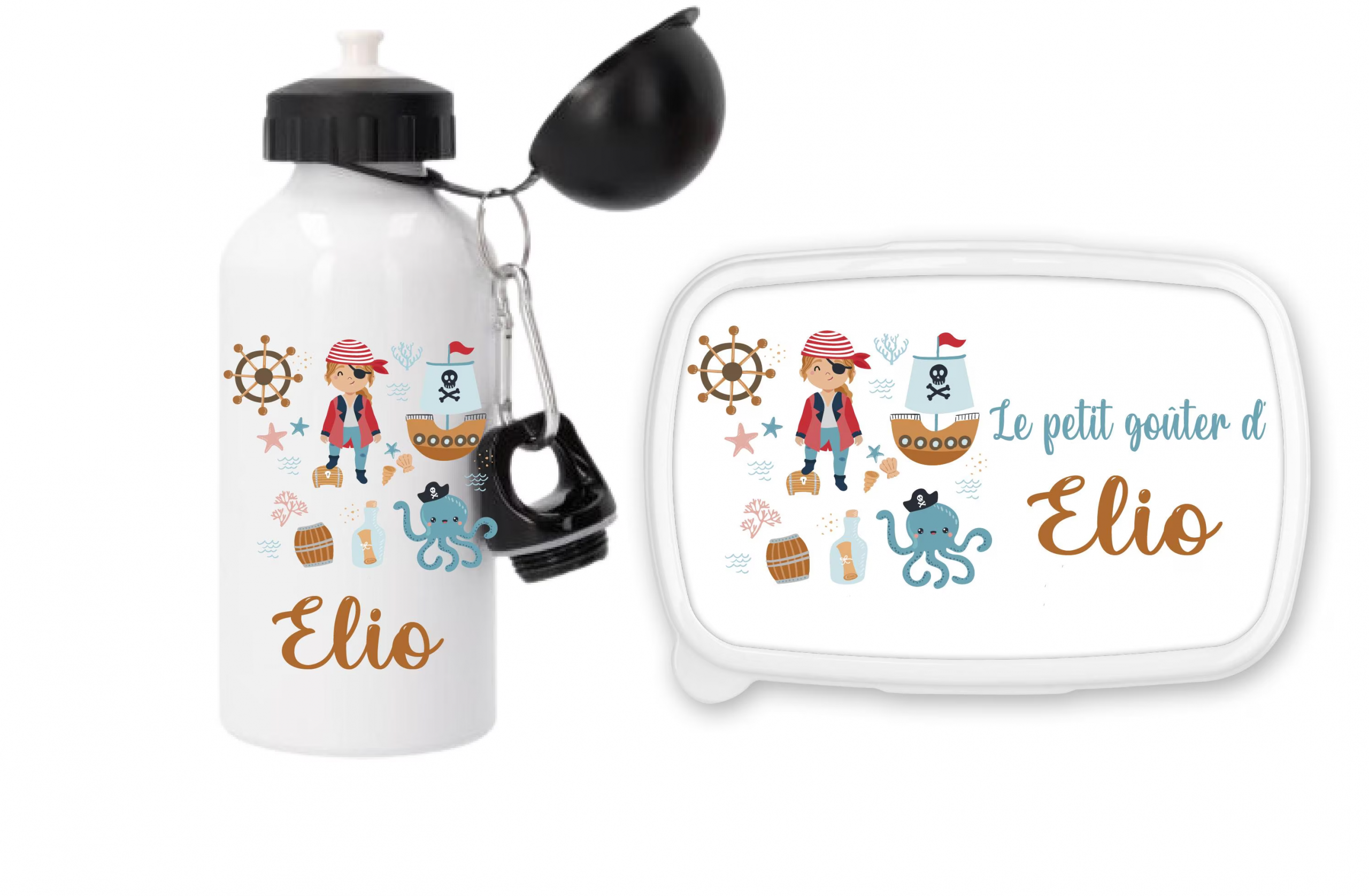 Set gourde sport 500 ml + boîte à goûter personnalisés pirate – Prénom enfant – Préparez la rentrée scolaire