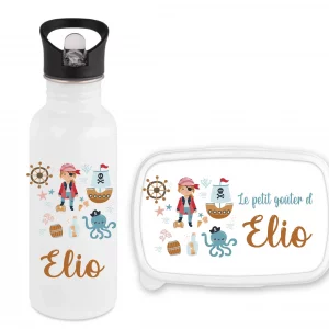Set gourde paille 600 ml + boîte à goûter personnalisés pirate – Prénom enfant – Rentrée scolaire