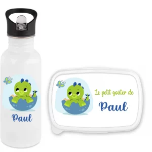 Set gourde paille 600 ml + boîte à goûter personnalisés motif dino – Prénom personnalisé – Rentrée scolaire