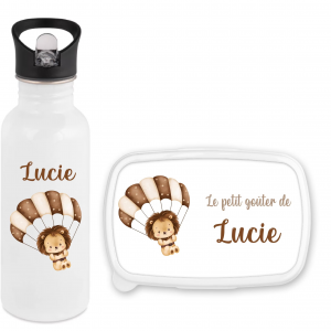 Set gourde paille 600 ml + boîte à goûter personnalisés motif lion – Prénom enfant – Rentrée scolaire