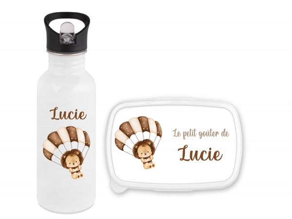 Set gourde paille 600 ml + boîte à goûter personnalisés motif lion – Prénom enfant – Rentrée scolaire