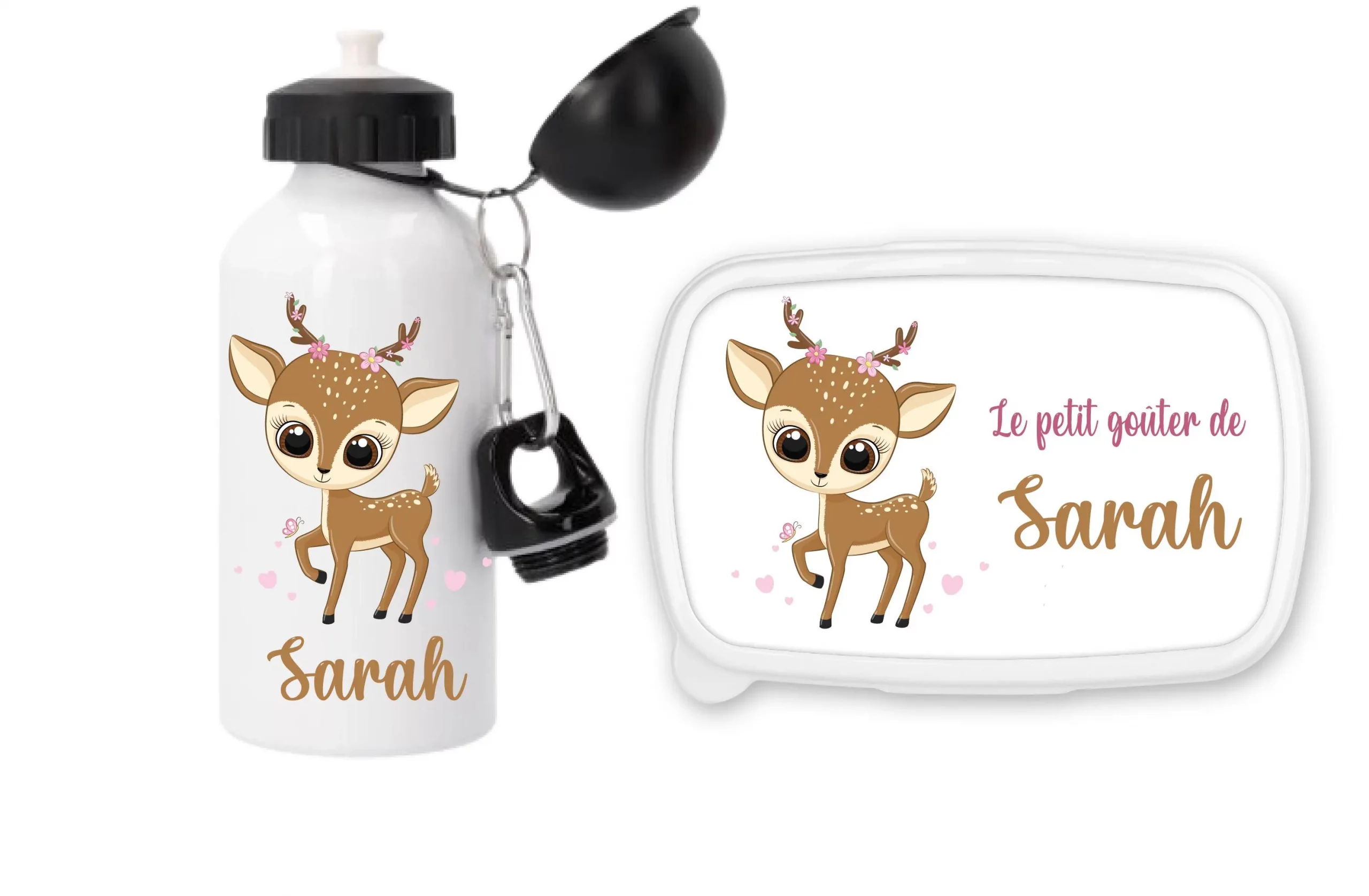 Set gourde sport 500 ml + boîte à goûter personnalisés faon – Prénom enfant – Préparez la rentrée scolaire