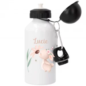 Gourde sport 500 ml personnalisée motif lapin avec fleur – Prénom enfant – Rentrée scolaire