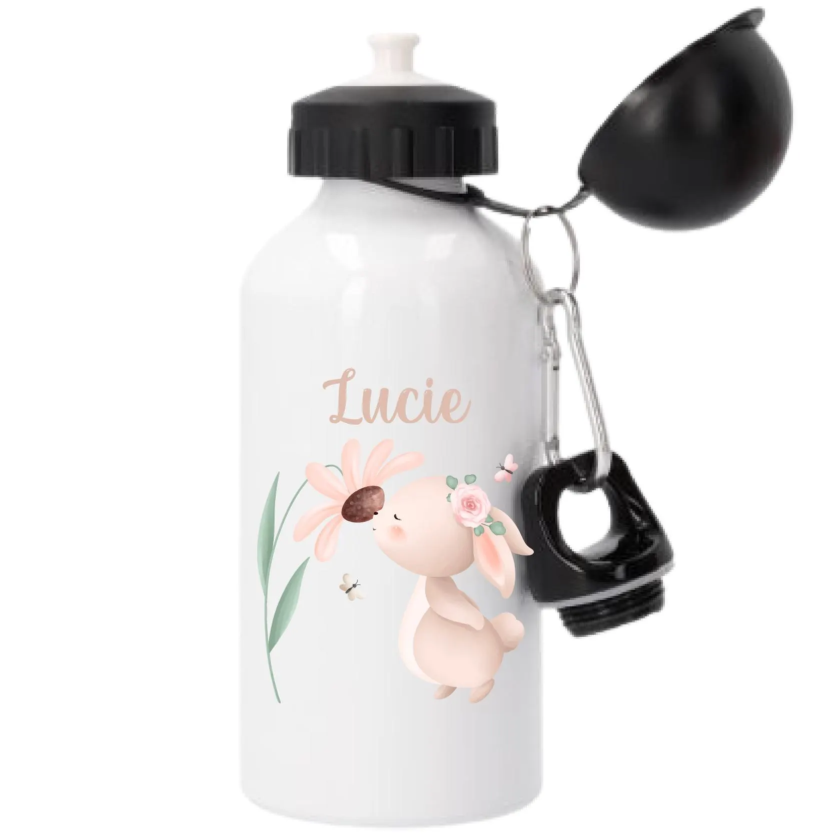 Gourde sport 500 ml personnalisée motif lapin avec fleur – Prénom enfant – Rentrée scolaire