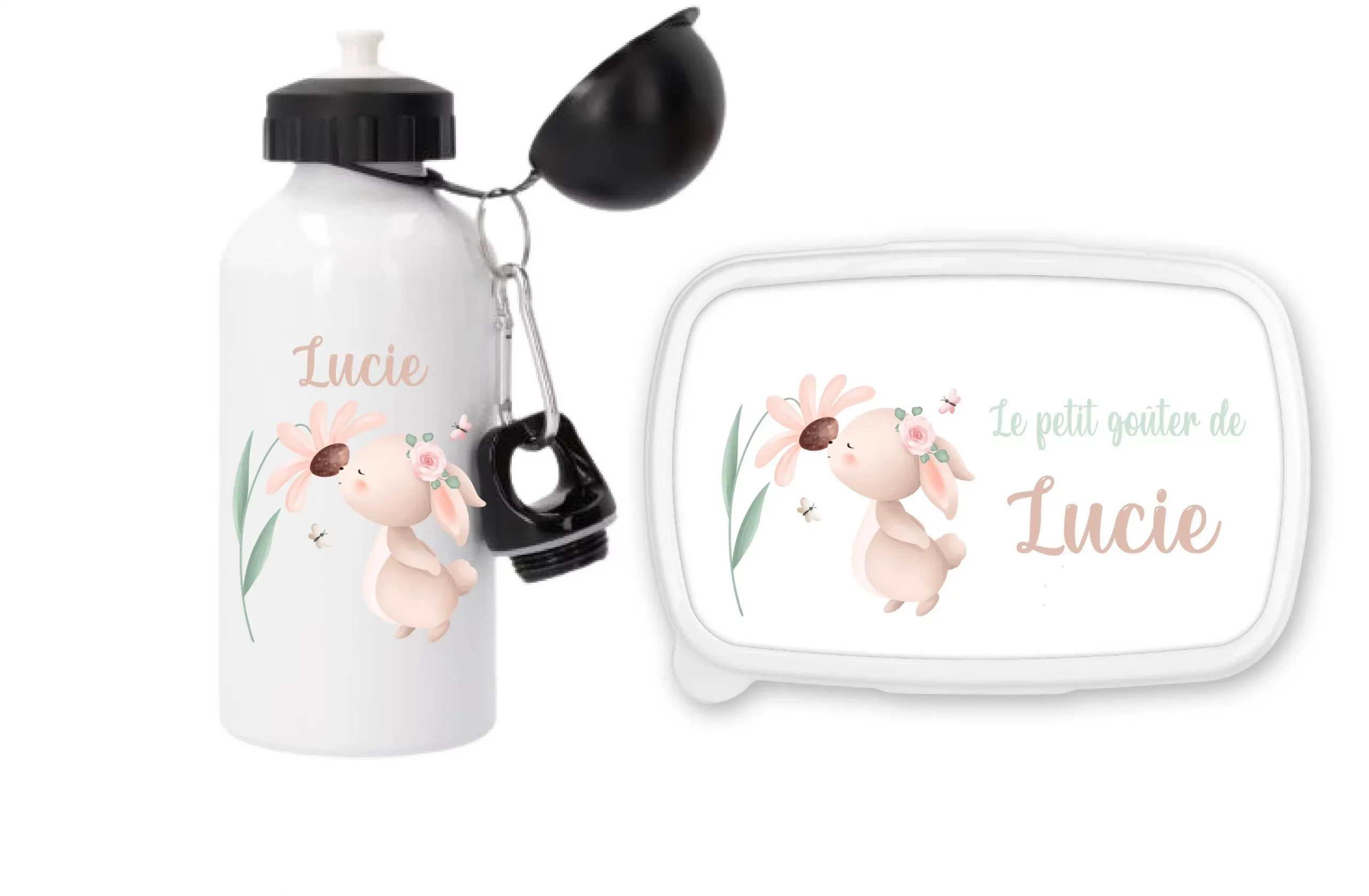 Set gourde sport 500 ml + boîte à goûter personnalisés motif lapin avec fleur – Prénom enfant – Rentrée scolaire