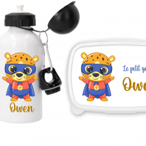 Set gourde sport 500 ml + boîte à goûter personnalisés ours super-héros – Prénom enfant – Préparez la rentrée scolaire