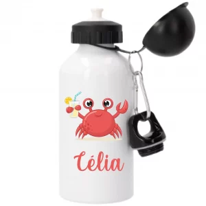 Gourde Sport 500 ml Motif Crabe rose – Personnalisée avec Prénom – Idéale pour la Rentrée Scolaire – Compatible Lave-vaisselle