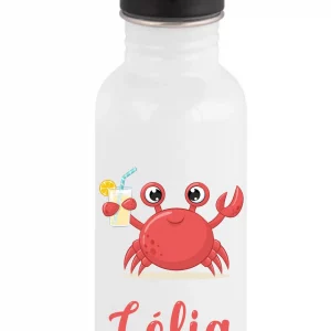 Gourde Paille 600 ml Motif Crabe rose – Personnalisée avec Prénom – Idéale Rentrée Scolaire – Compatible Lave-vaisselle