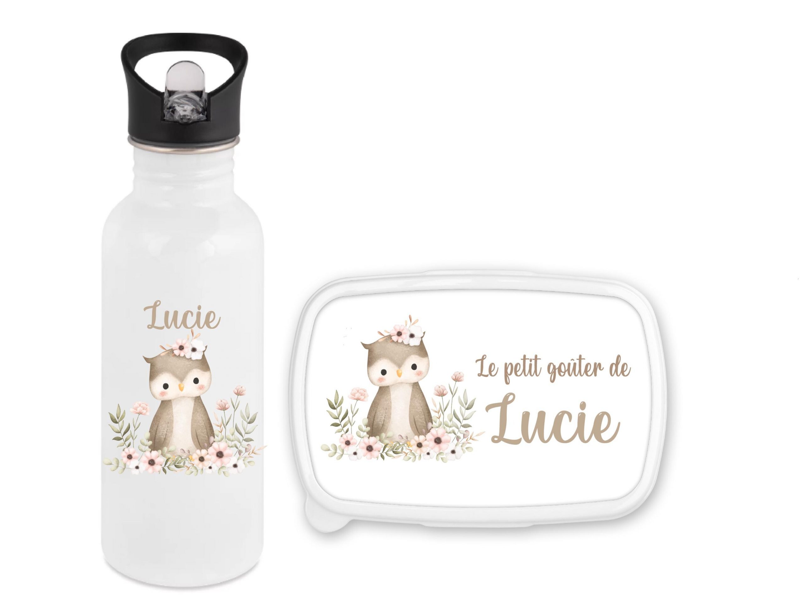 Set gourde paille 600 ml + boîte à goûter personnalisés motif chouette – Prénom enfant – Rentrée scolaire