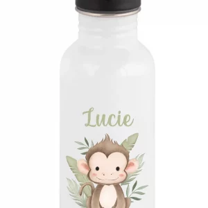 Gourde paille 600 ml personnalisée motif singe pour enfant – Prénom – Parfaite rentrée scolaire