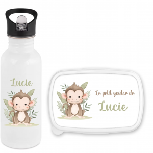 Set gourde paille 600 ml et boîte à goûter personnalisés motif singe – Prénom – Parfait rentrée scolaire