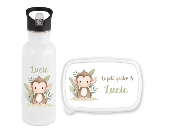 Set gourde paille 600 ml et boîte à goûter personnalisés motif singe – Prénom – Parfait rentrée scolaire