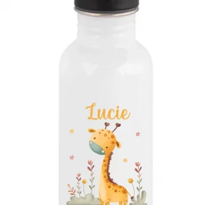 Gourde paille 600 ml personnalisée motif girafe – Prénom enfant – Parfaite rentrée scolaire
