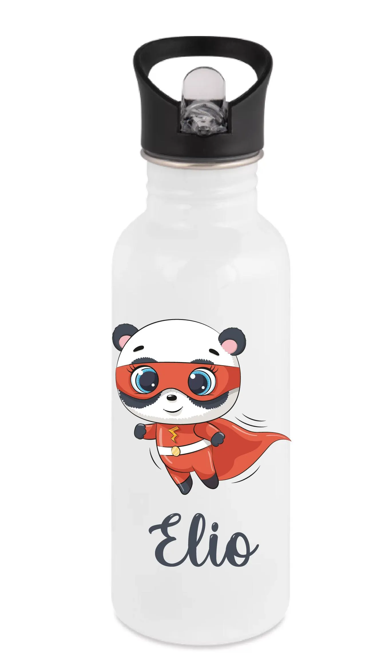 Gourde paille enfant personnalisée – Panda super-héros rouge – Prénom au choix – 600 ml – École ou crèche – Bébé Panda