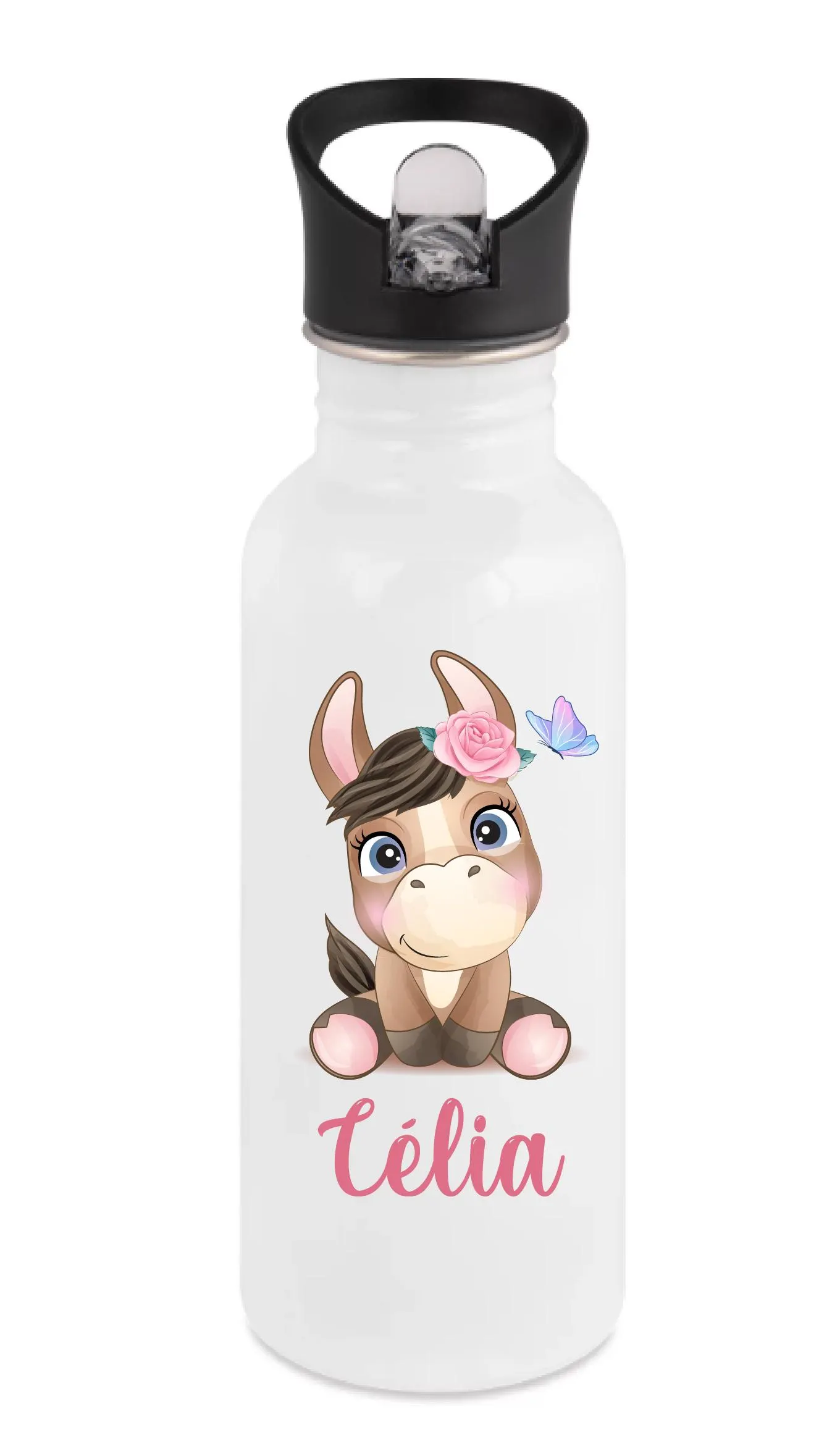 Gourde enfant 600 ml personnalisée – Motif ânesse fleurie – Prénom au choix – Gourde bouchon paille – Bébé Panda