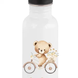 Gourde paille 600 ml personnalisée  Ours à vélo – Prénom enfant – Cadeau école et sport