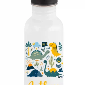 Gourde Paille 600 ml Dinosaures Jaunes – Prénom Personnalisé – Rentrée Scolaire – Lave-vaisselle